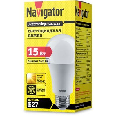 Лампа Navigator NLL-A60-15-230-2.7K-E27 (61200)