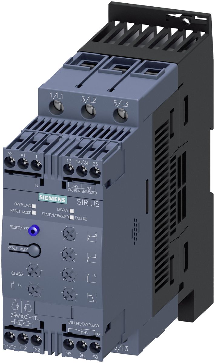 Плавный пуск Siemens Sirius 3RW40 45 kW, 72A, 24В, AC/DC, винтовые клеммы, вход термистора (3RW4038-1TB05)
